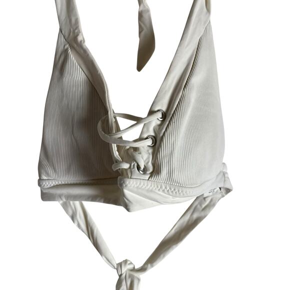 Becca Rebecca Virtue Modern Edge White Ribbed Lace Up Strappy Halter Bikini Top - Picture 7 of 7